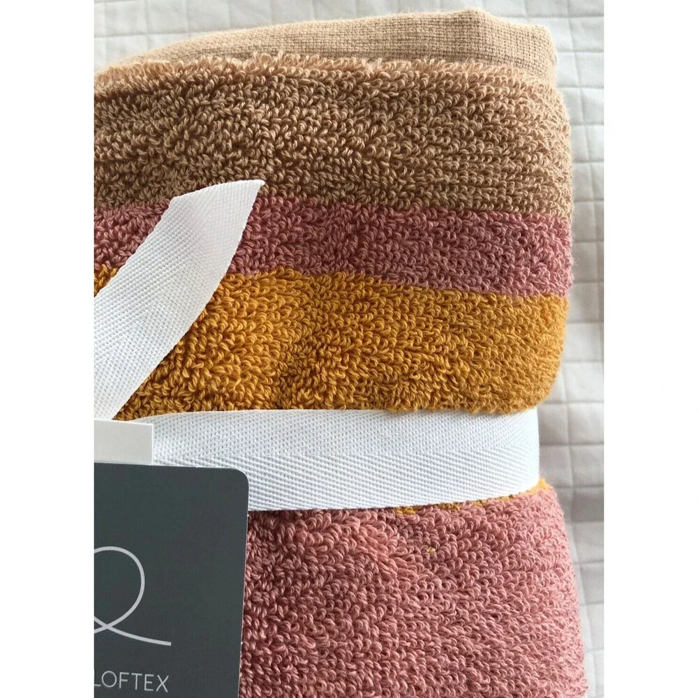 Loft by Loftex Hand Towels Orange Pink Beige Soft Striped 100% Cotton Set of 2